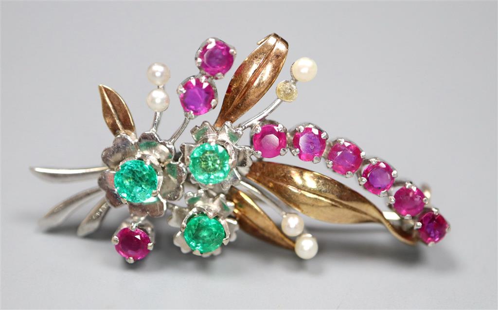 A modern 9ct gold, ruby, emerald and seed pearl set foliate spray brooch, 41mm, gross 6.4 grams.